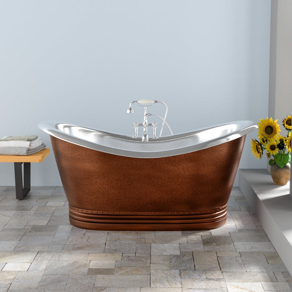 66" Findley Copper Double-Slipper Roll-Top Pedestal Tub - Nickel Interior