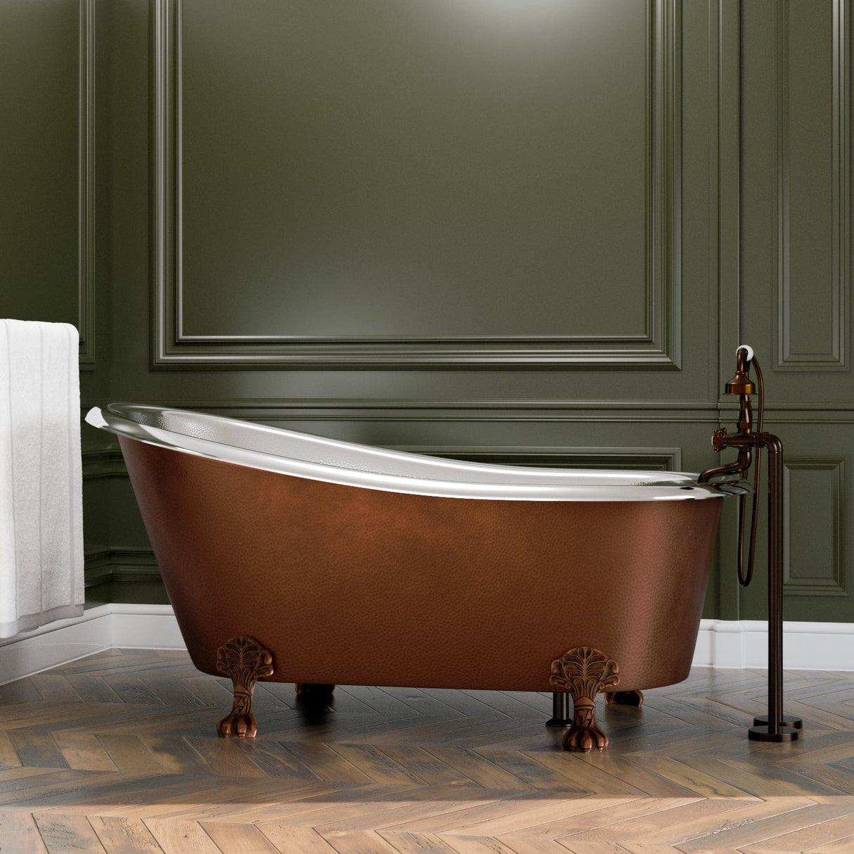 66" Jadaro Single Slipper Copper Clawfoot Tub with Rolled Rim - Polished Nickel Interior with Antique Copper Exterior