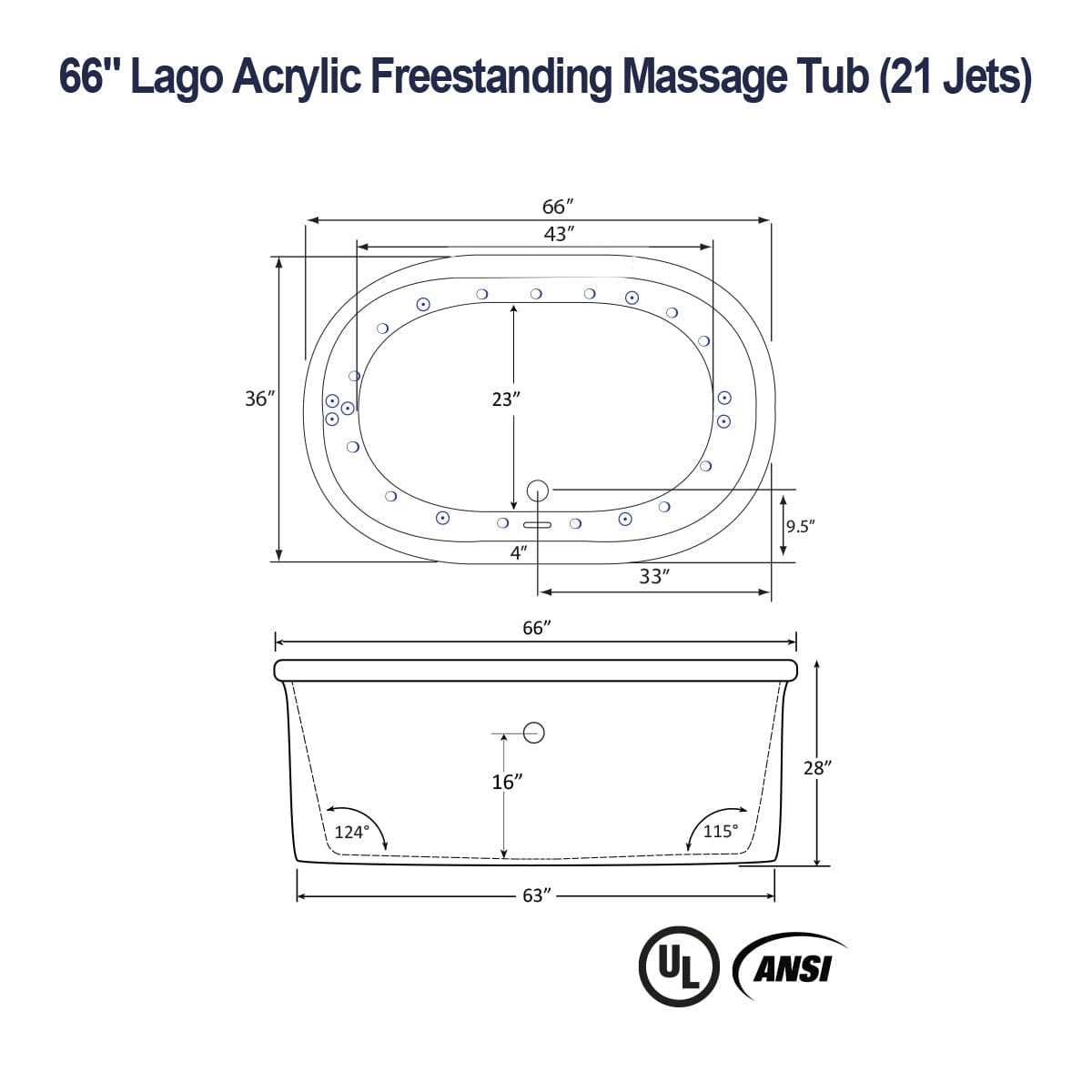 66" Lago Acrylic Freestanding Massage Tub