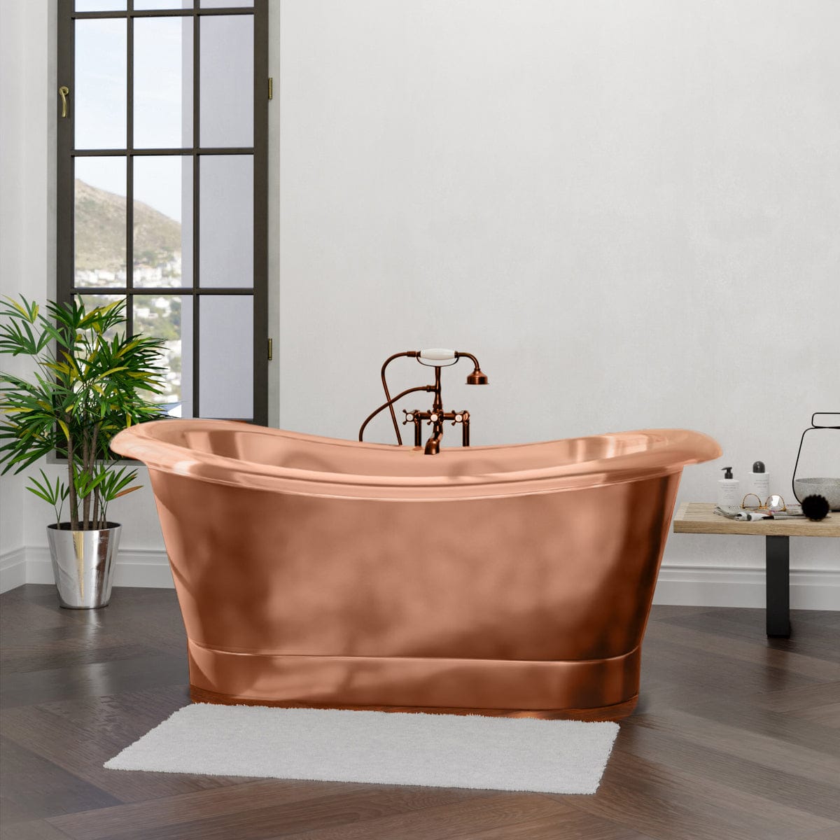 66" Monrovia Copper Double-Slipper Roll-Top Pedestal Tub