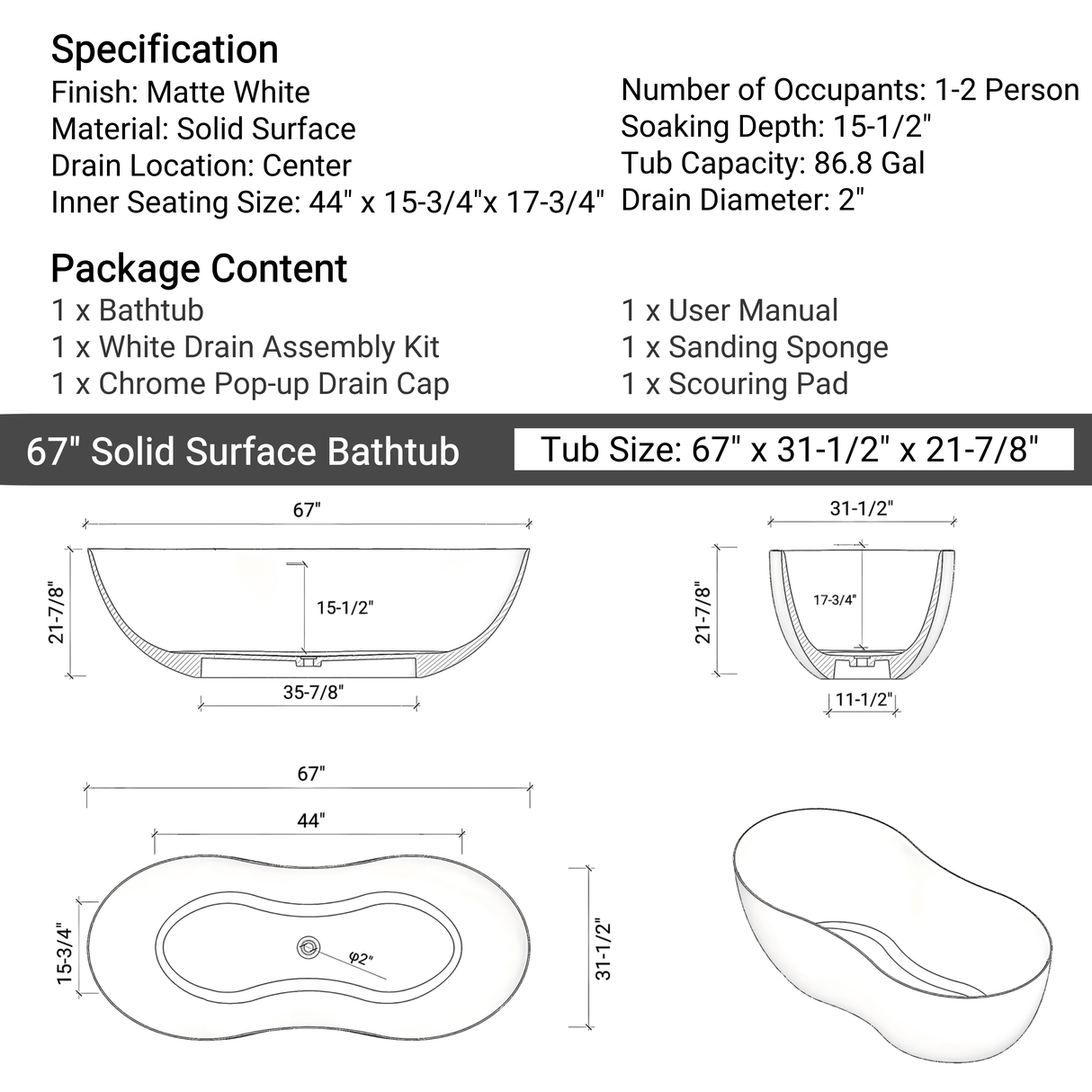 67" Civello Solid Surface Stone Resin Freestanding Bathtub
