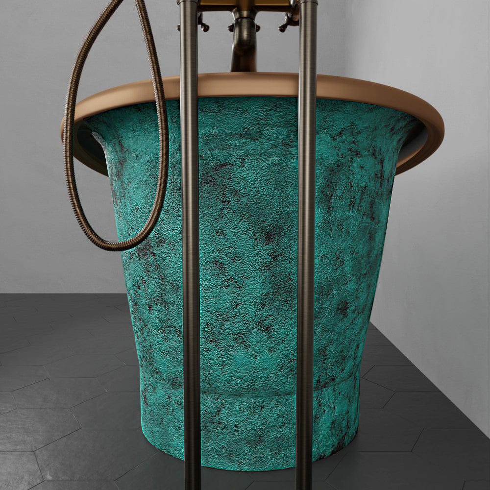 68" Curtis Copper Double Slipper Smooth Bathtub - Inside French Patina & Outside Smooth Verdigris