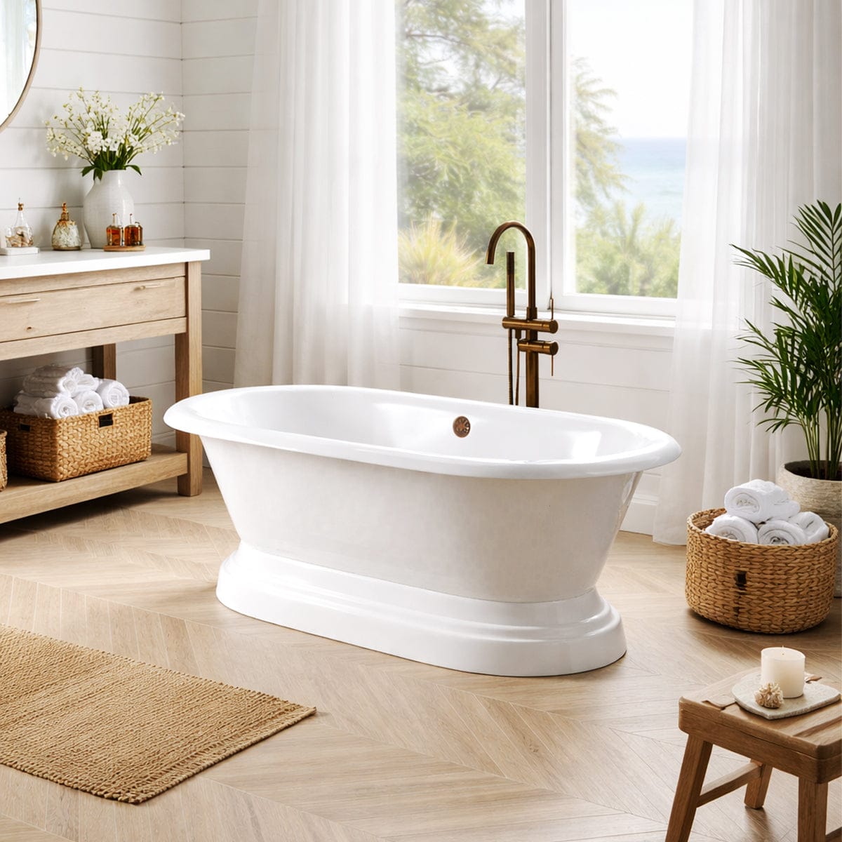 68" Cypress Cast Iron Double-Ended Roll-Top Tub with Pedestal