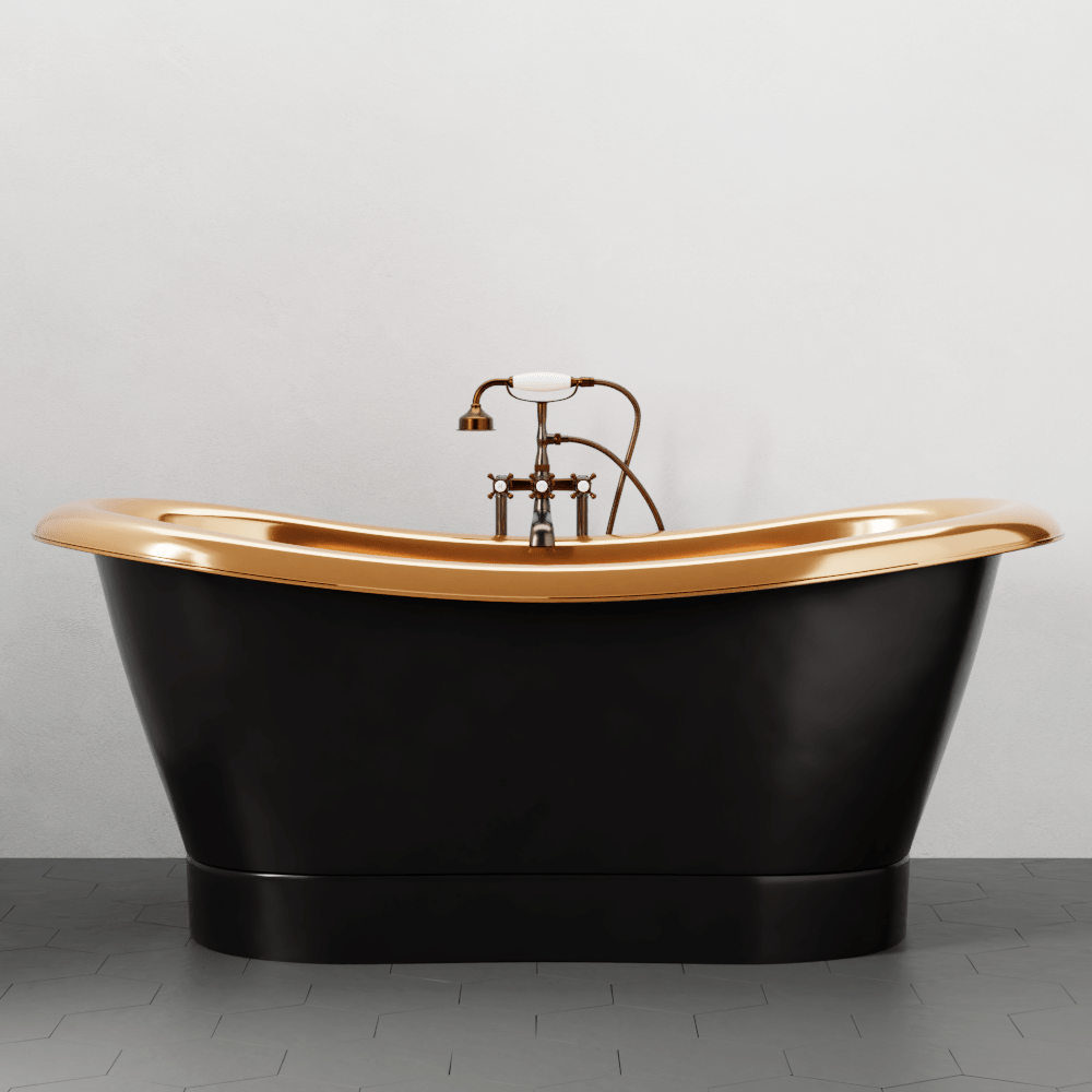 70" Kalida Antique Black Copper Double-Slipper Roll-Top Tub with Pedestal - Polished Interior with Matte Black Daisy Wheel & Pop-Up Drain