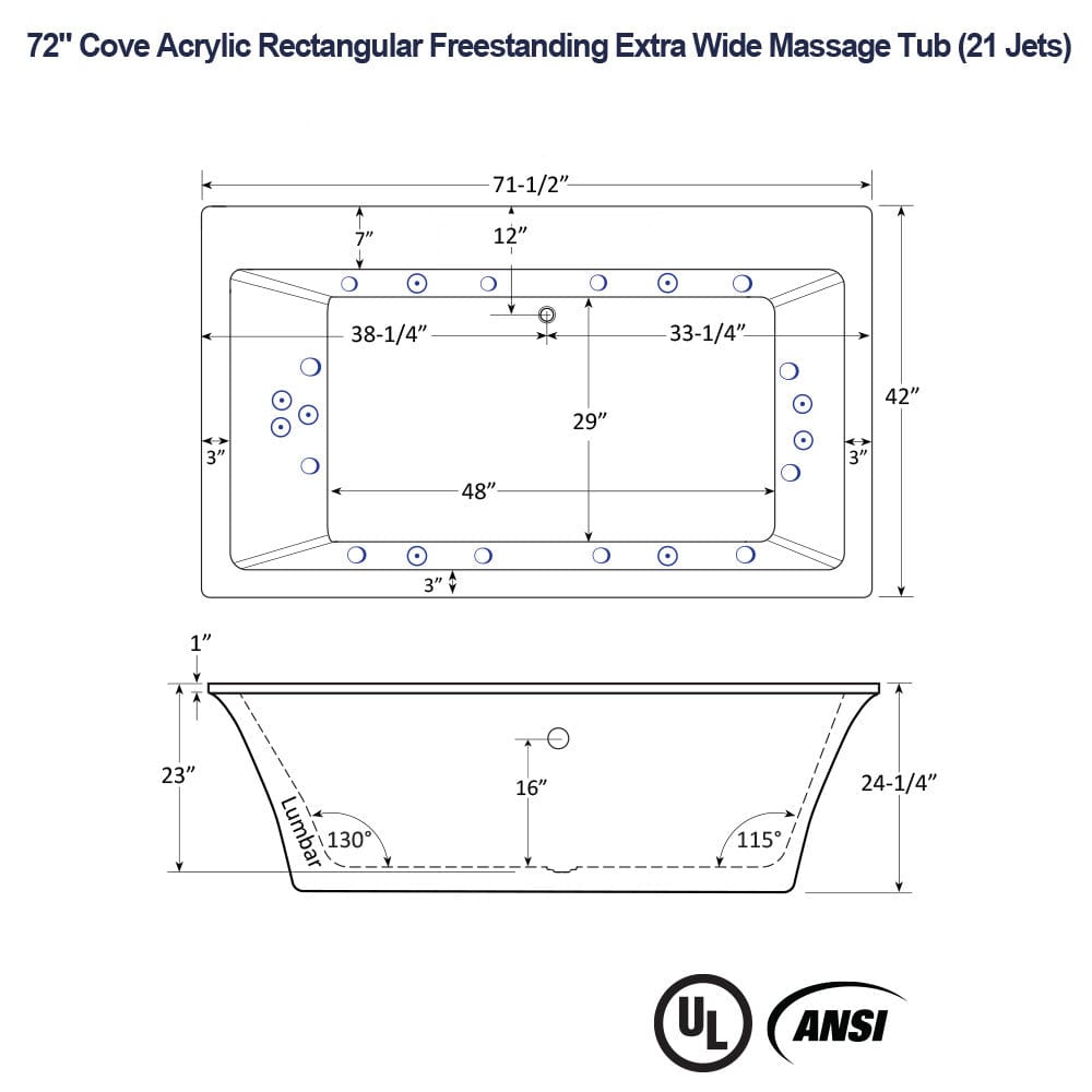 72" Cove Acrylic Rectangular Freestanding 42" Extra Wide Massage Tub