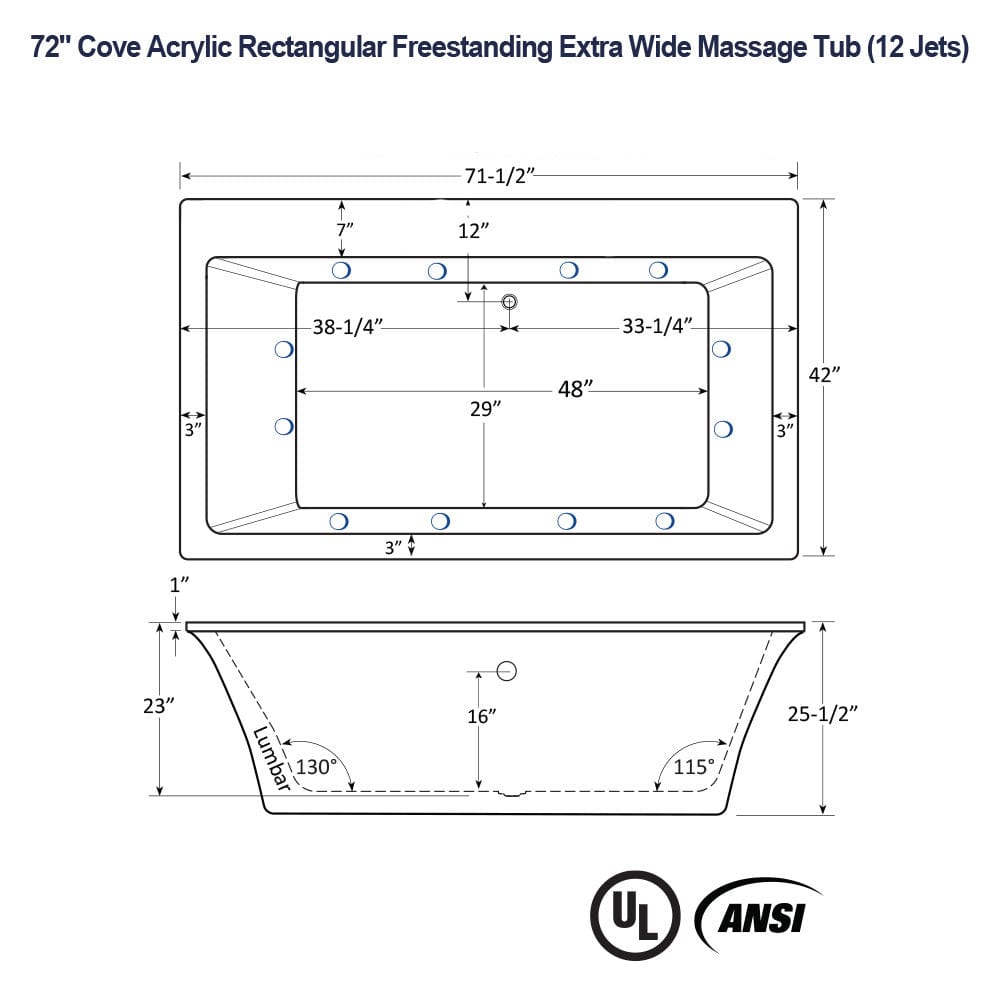 72" Cove Acrylic Rectangular Freestanding 42" Extra Wide Massage Tub