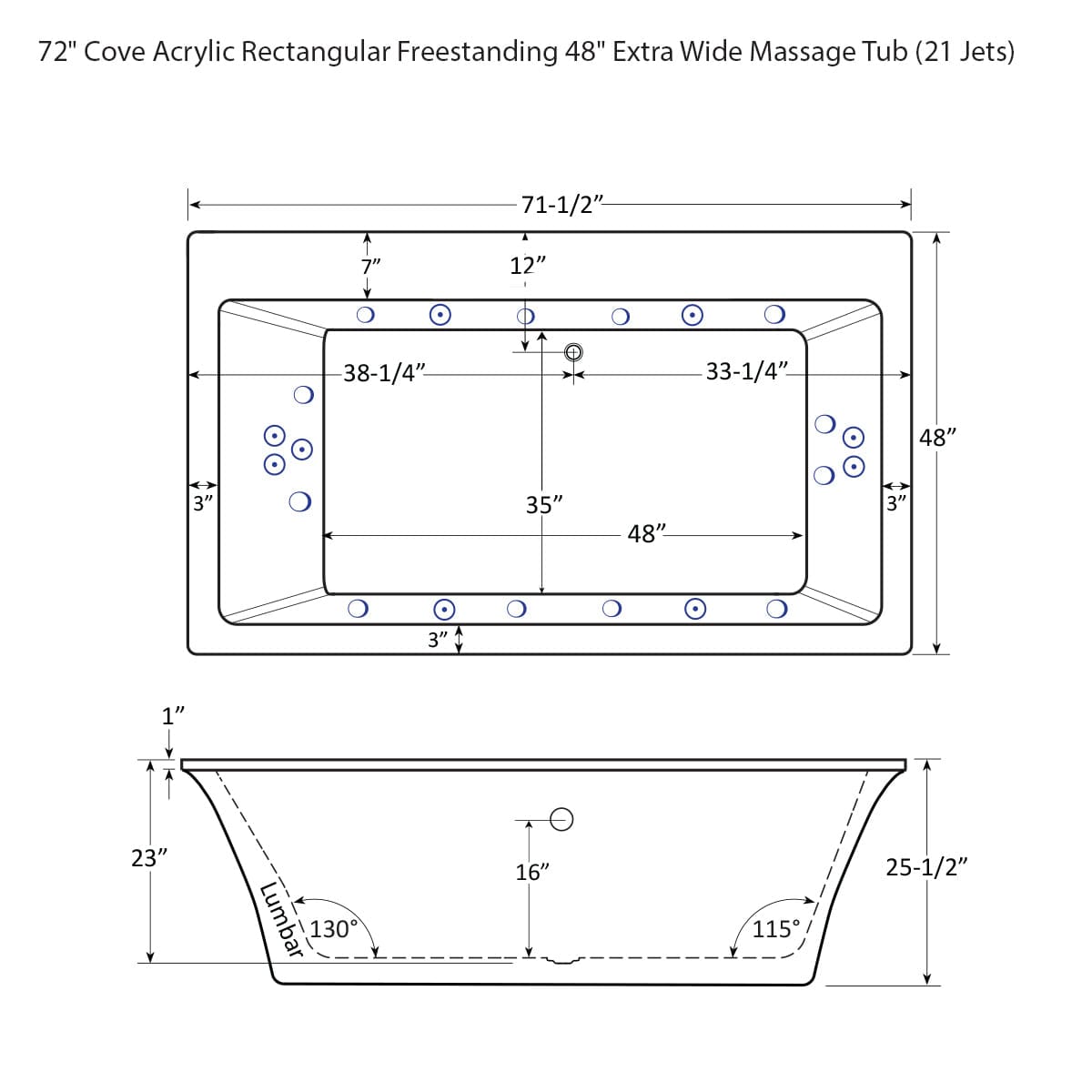 72" Cove Acrylic Rectangular Freestanding 48" Extra Wide Massage Tub
