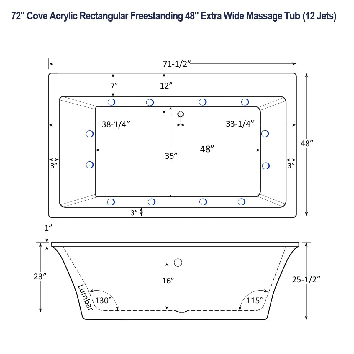 72" Cove Acrylic Rectangular Freestanding 48" Extra Wide Massage Tub