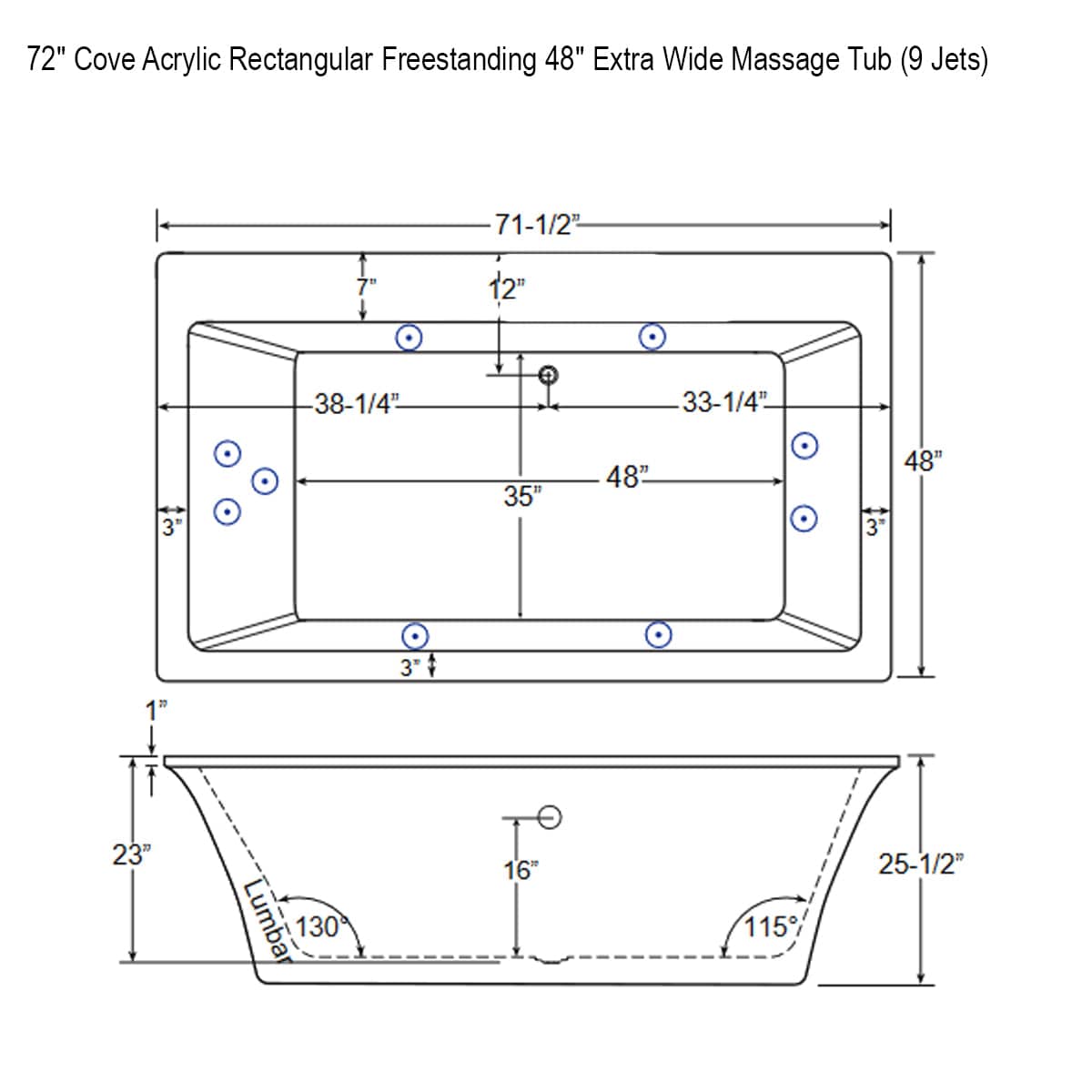 72" Cove Acrylic Rectangular Freestanding 48" Extra Wide Massage Tub