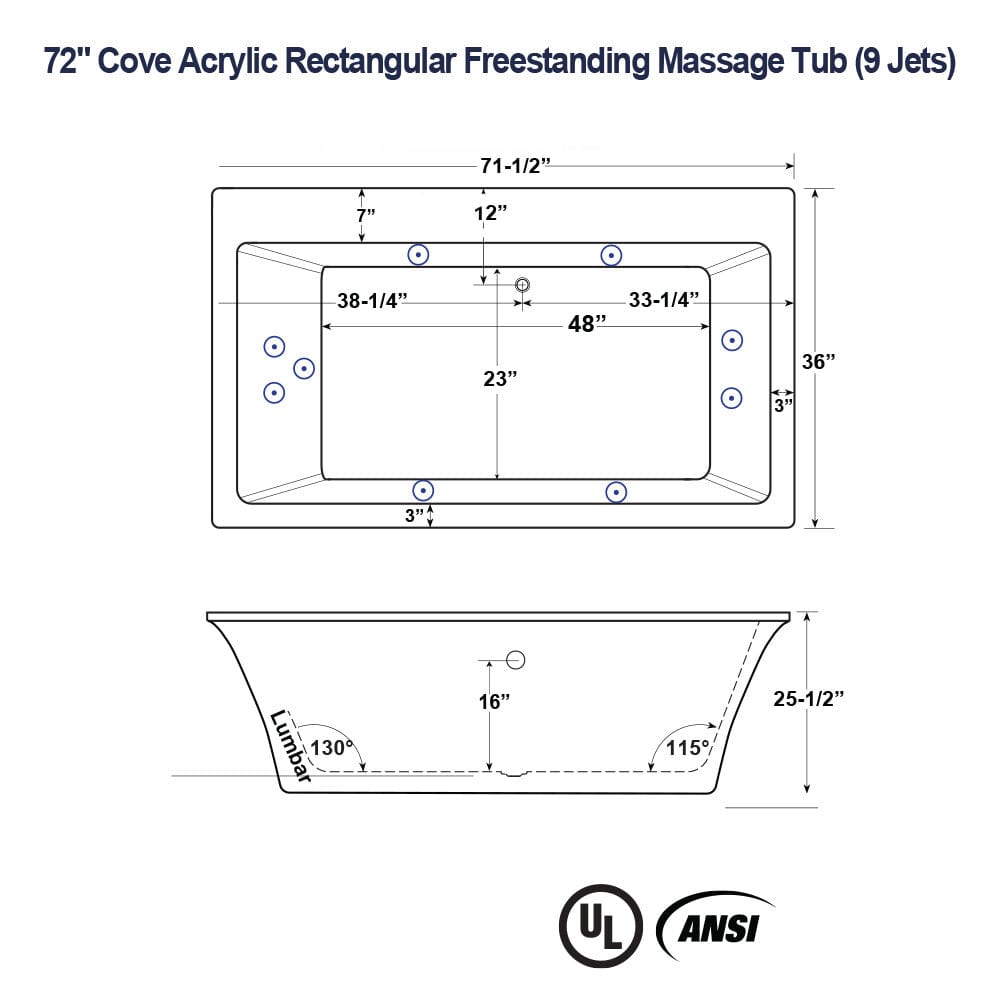 72" Cove Acrylic Rectangular Freestanding Massage Tub