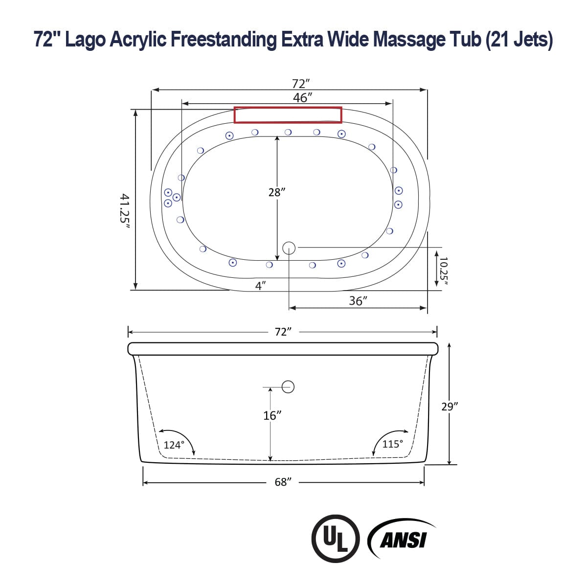 72" Lago Acrylic Freestanding Extra Wide Massage Tub