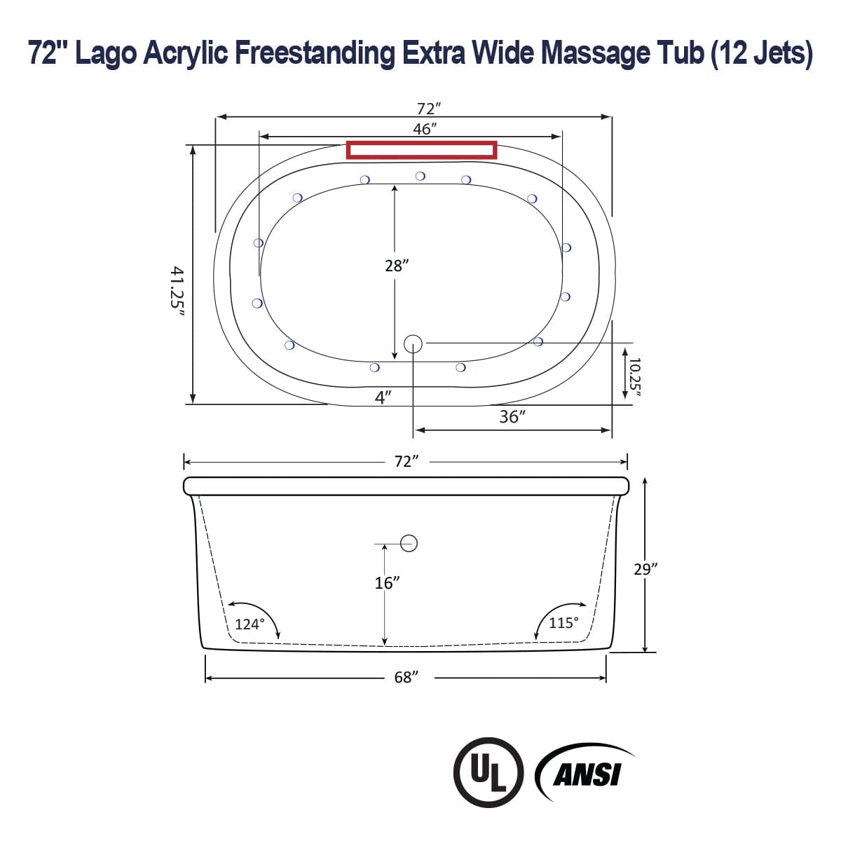72" Lago Acrylic Freestanding Extra Wide Massage Tub