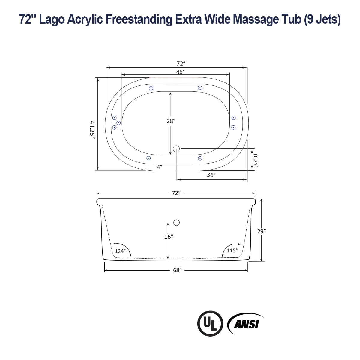 72" Lago Acrylic Freestanding Extra Wide Massage Tub