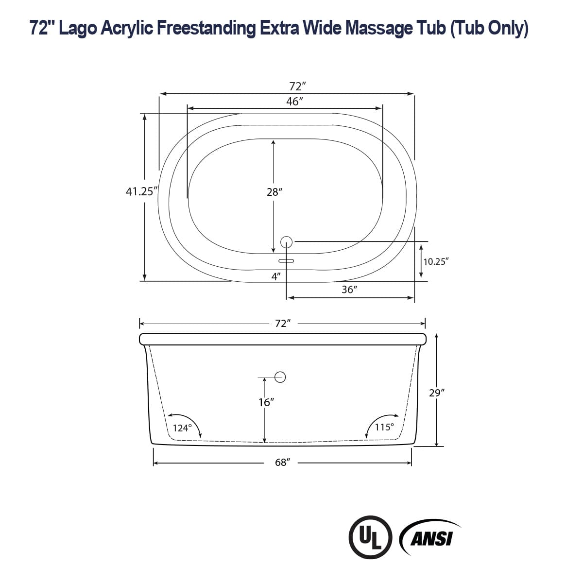 72" Lago Acrylic Freestanding Extra Wide Massage Tub
