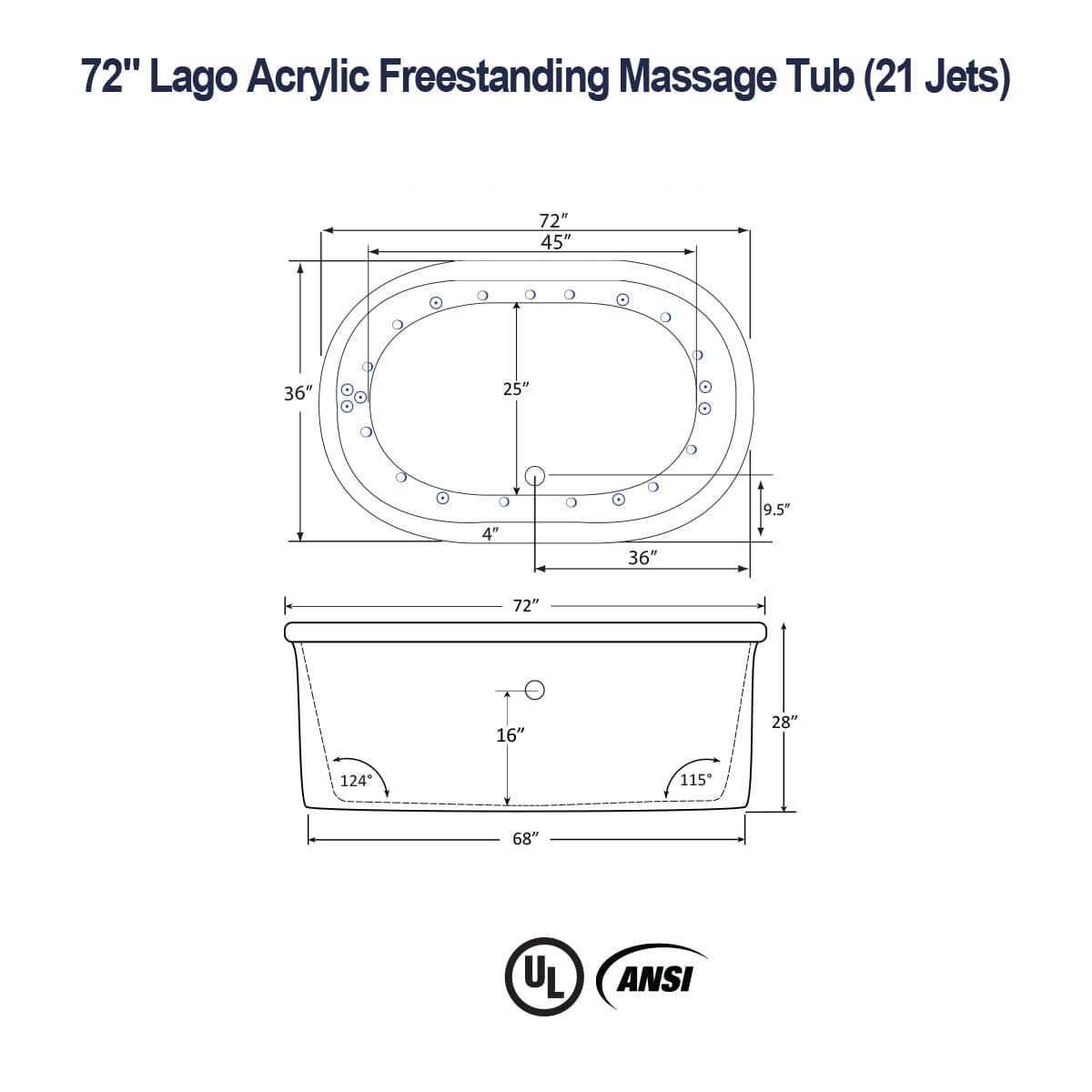 72" Lago Acrylic Freestanding Massage Tub