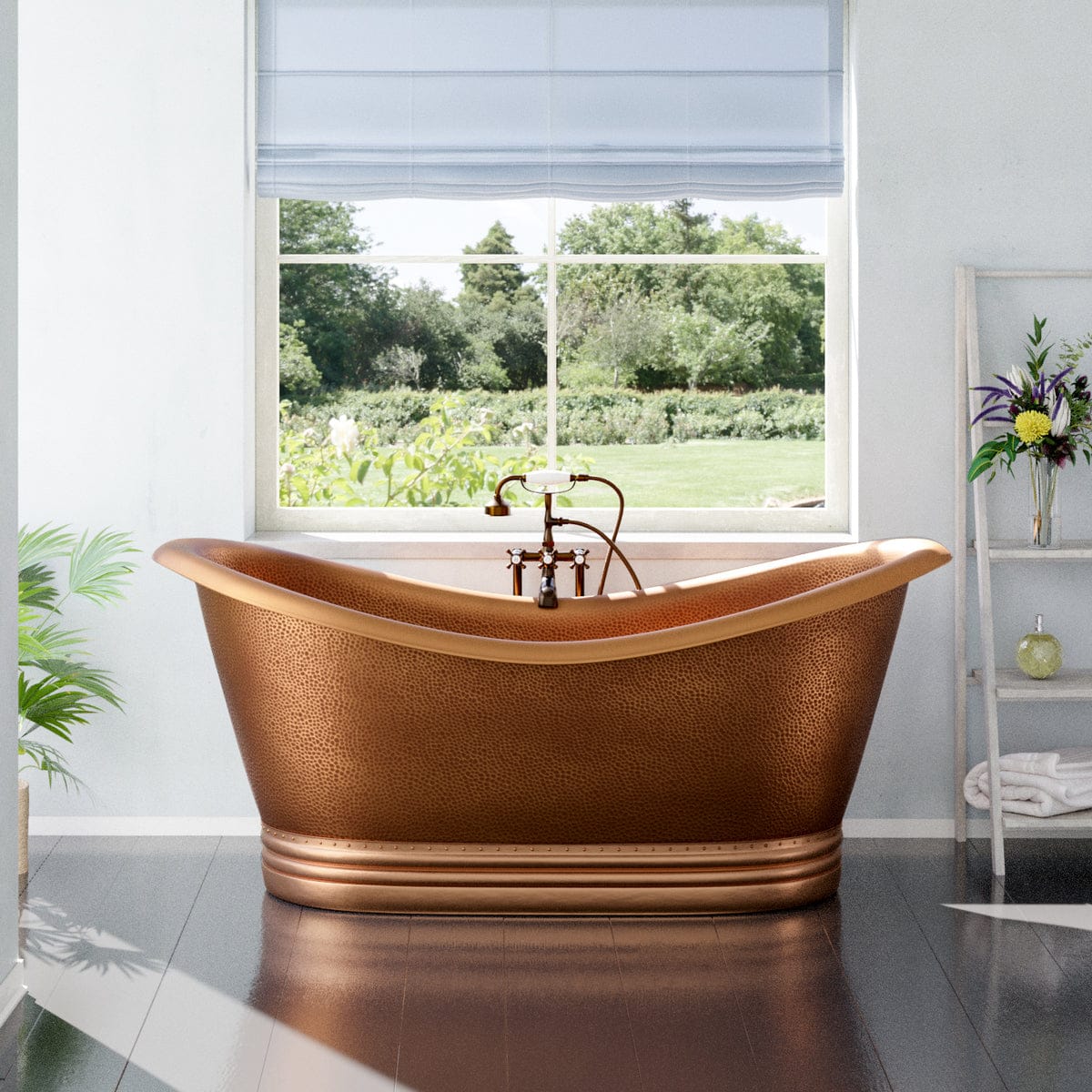 72" Vista Copper Double-Slipper Roll-Top Pedestal Tub