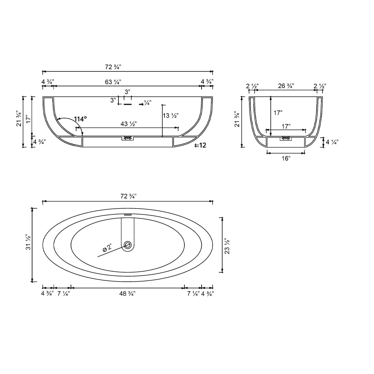 73" Link Solid Surface Stone Resin Freestanding Bathtub