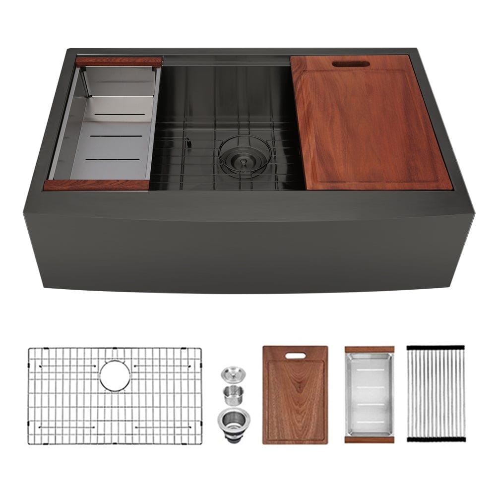 Bolton Stainless Steel Single-Bowl Workstation Farmhouse Sink with Offset Drain - Gunmetal Black