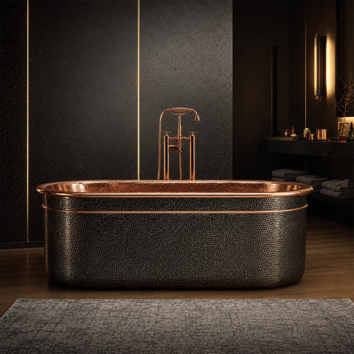 58" Forge Black Hammered Copper Freestanding Tub with Polished Copper Interior
