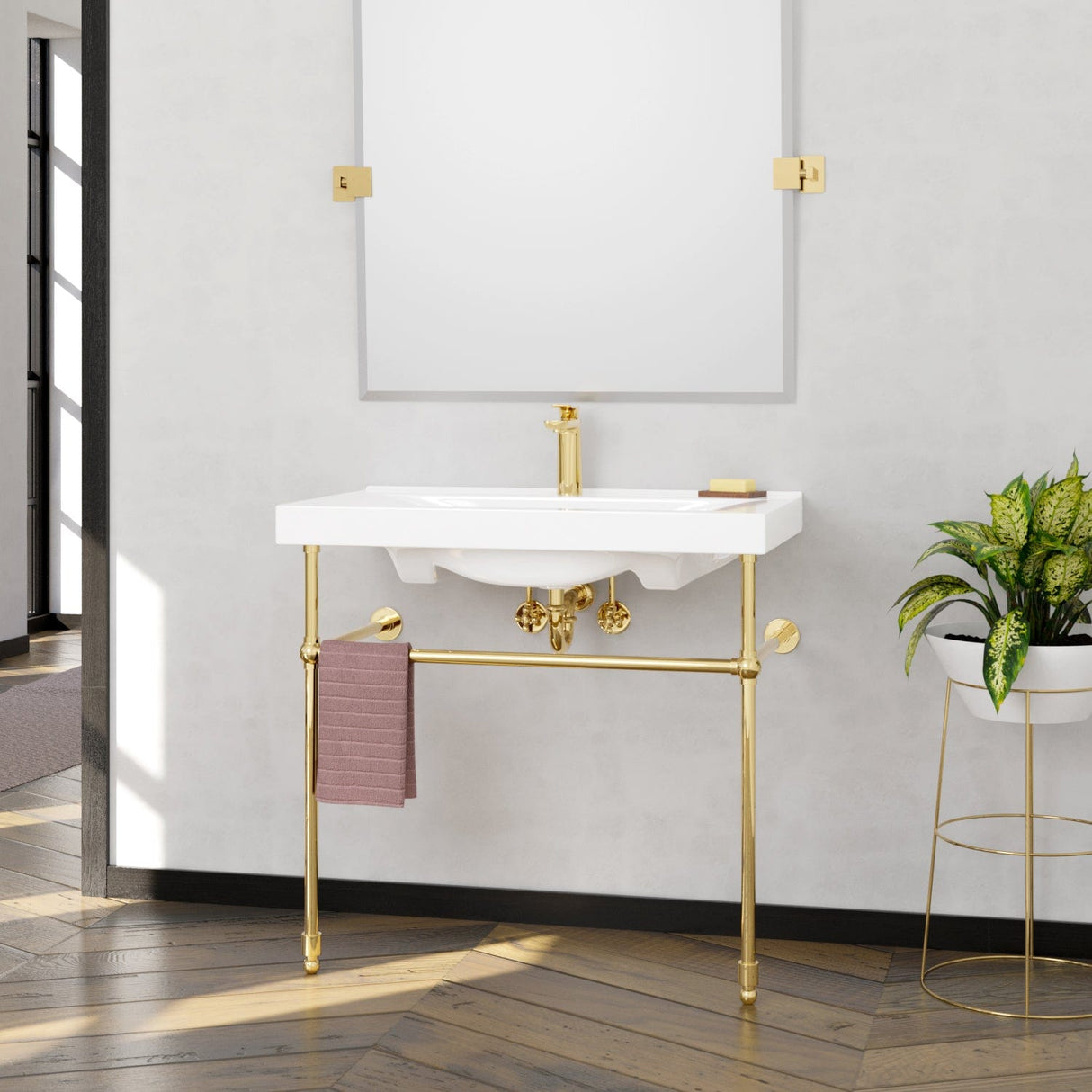 Drake Vitreous China Console Bathroom Sink with Brass Stand