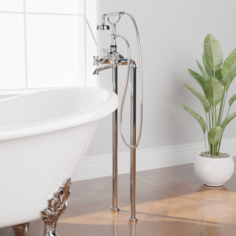 Freestanding Telephone Tub Faucet and Supply Lines - Angular Body and Cross Handles