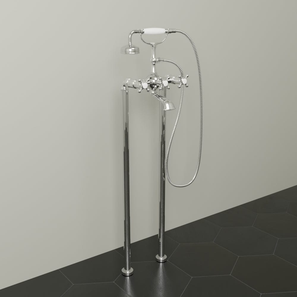 Freestanding Telephone Tub Faucet and Supply Lines - Flat Body and Cross Handles