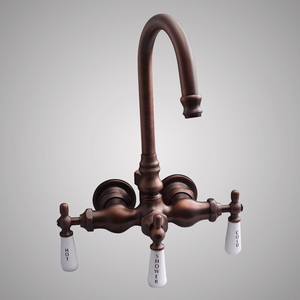 Gooseneck Leg Tub Wall-Mount Diverter Faucet with Porcelain Handles