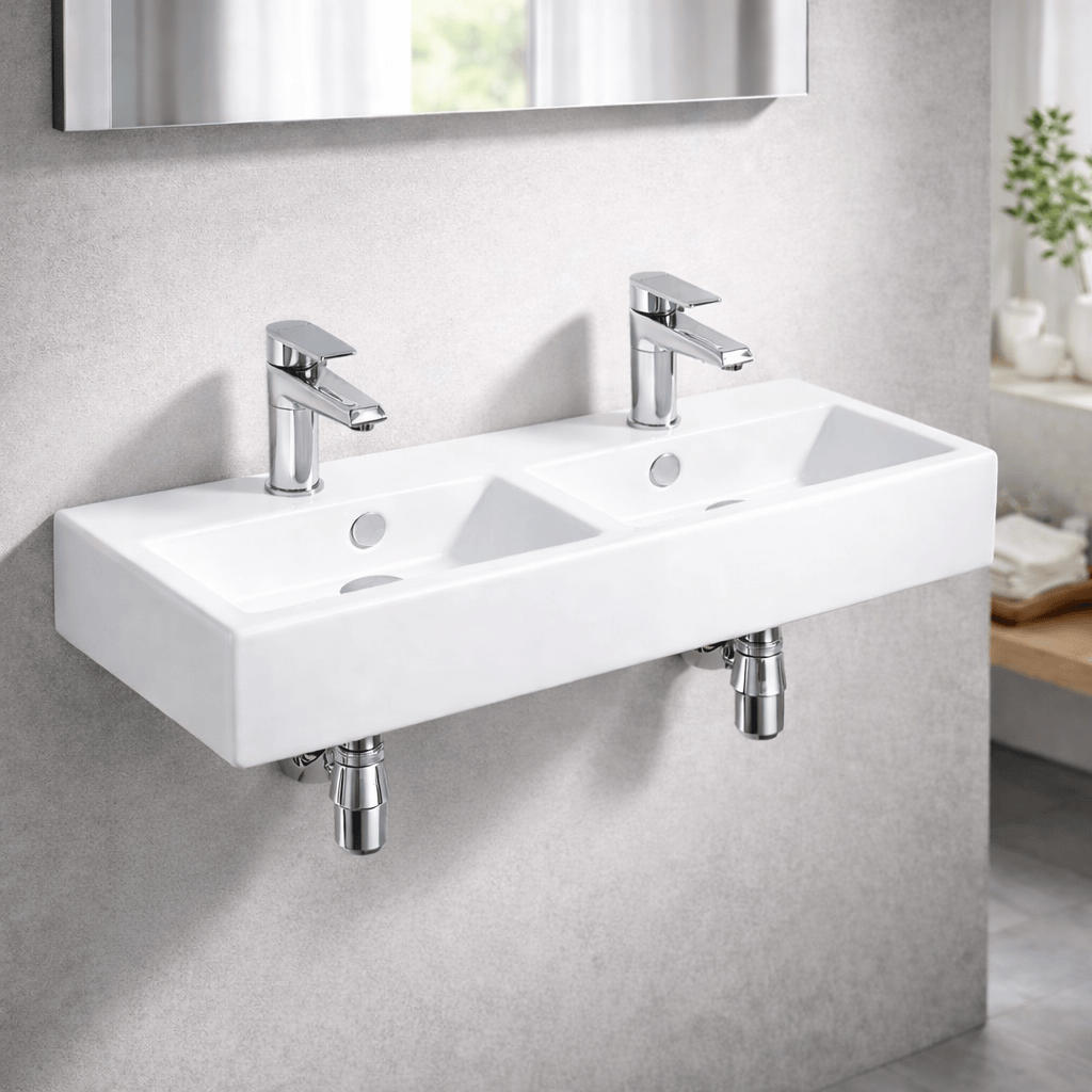 Iola Double-Bowl Vitreous China Wall-Mount Bathroom Sink