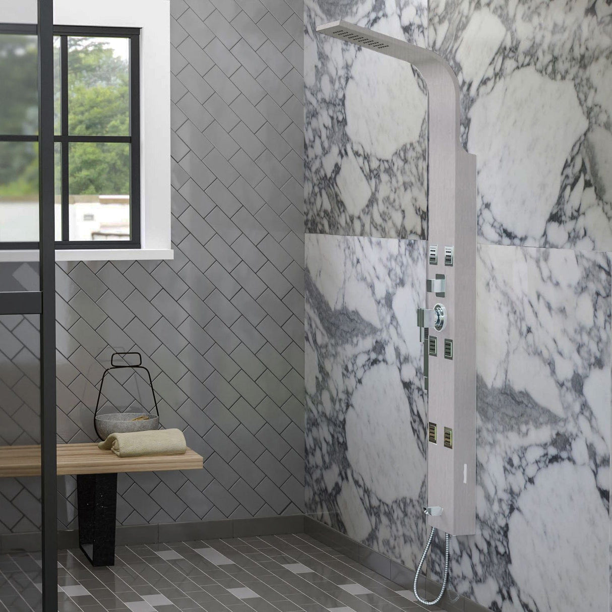 Jedida Pressure Balance Stainless Steel Shower Panel with Hand Shower - Brushed Finish