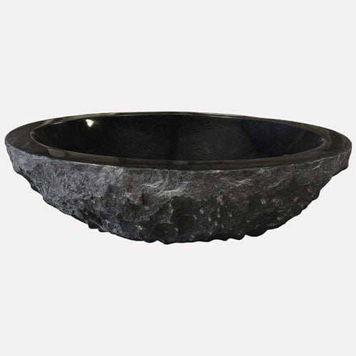 Karval Polished Black Granite Vessel Sink - Chiseled Exterior