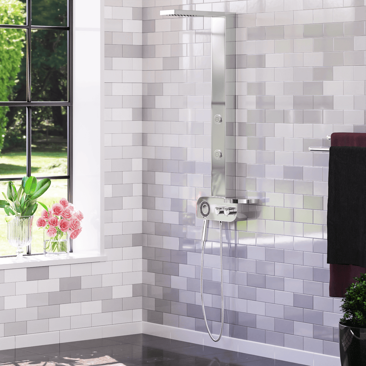 Kiden Pressure Balance Stainless Steel Shower Panel with Hand Shower - Polished Finish