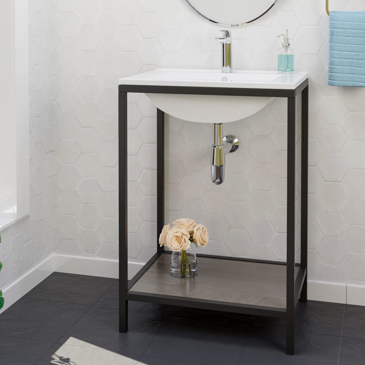 Regina Vitreous China Console Bathroom Sink with Black Powdercoat Iron Stand