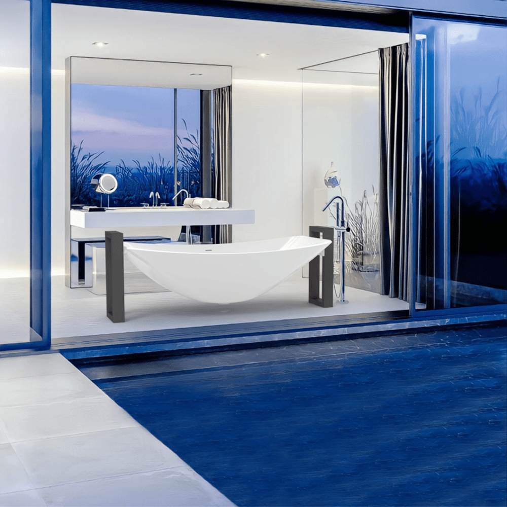 Rena Solid Surface Stone Resin Freestanding Extra Deep Hammock Bathtub with Black Powdercoat Steel Frame