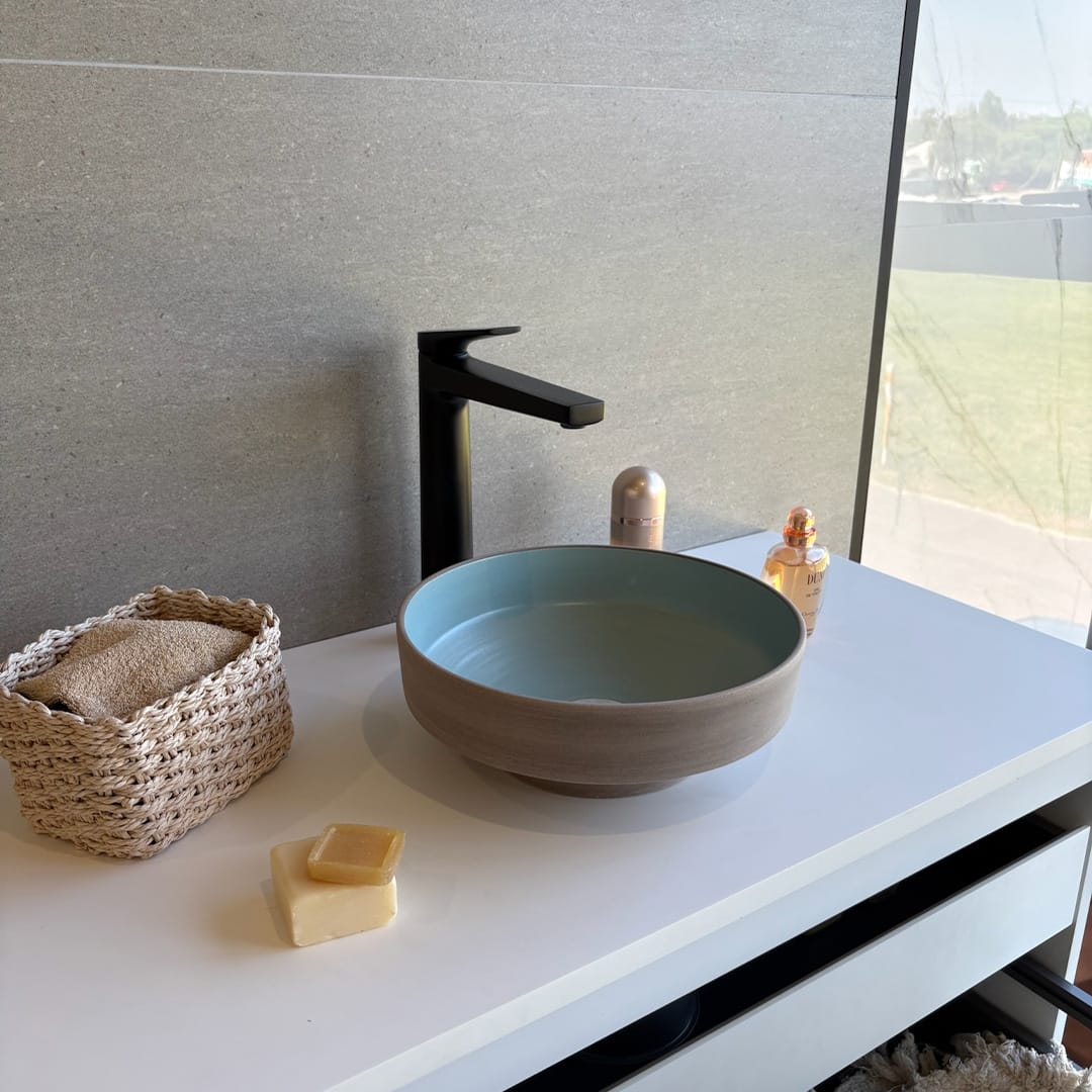 Selva Round Vessel Ceramic Concrete Sink - Aquamarine Ceramic Interior with Mocha Exterior