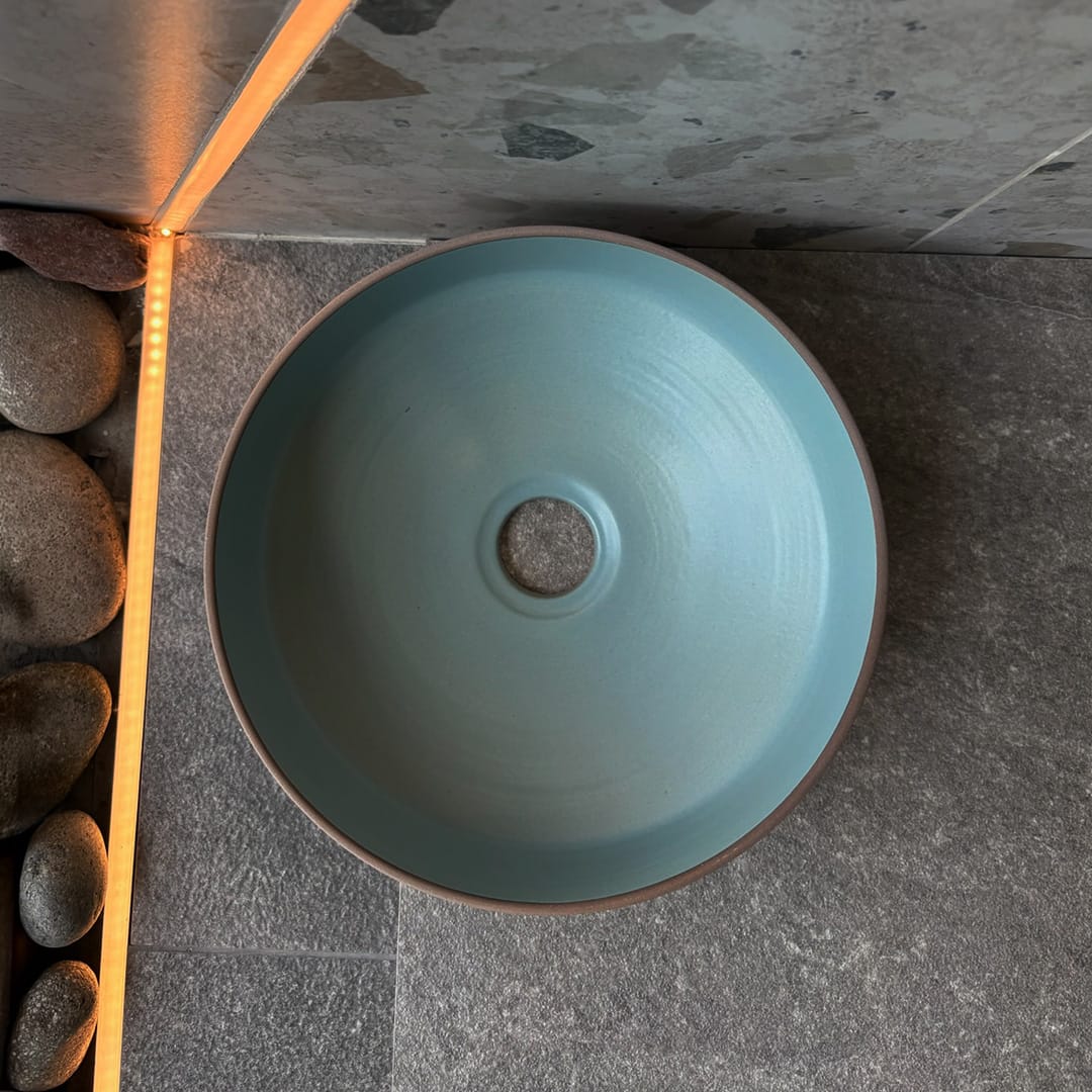 Selva Round Vessel Ceramic Concrete Sink - Smooth Aquamarine Ceramic Interior with Textured Mocha Exterior