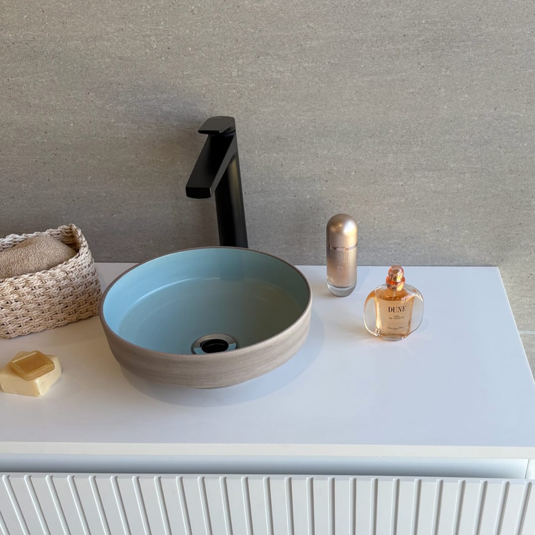 Selva Round Vessel Ceramic Concrete Sink - Smooth Aquamarine Ceramic Interior with Textured Mocha Exterior