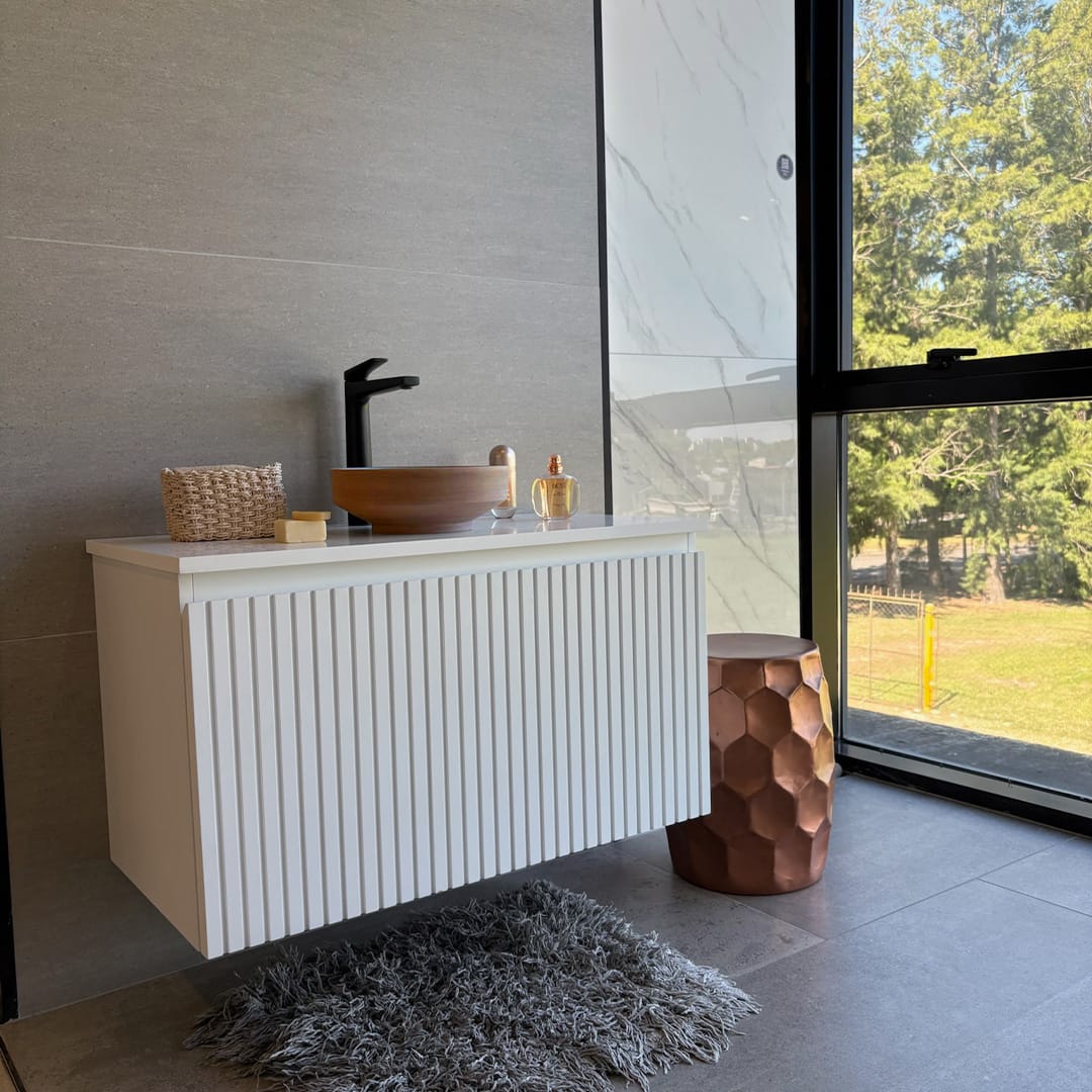 Selva Round Vessel Ceramic Concrete Sink - Smooth Aquamarine Ceramic Interior with Textured Mocha Exterior