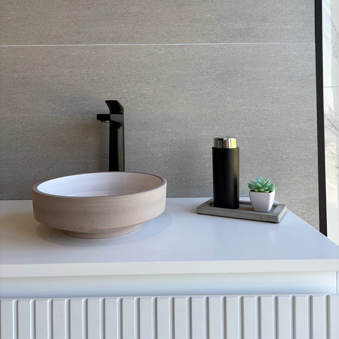 Selva Round Vessel Ceramic Concrete Sink - Smooth White Ceramic Interior with Textured Sand Exterior
