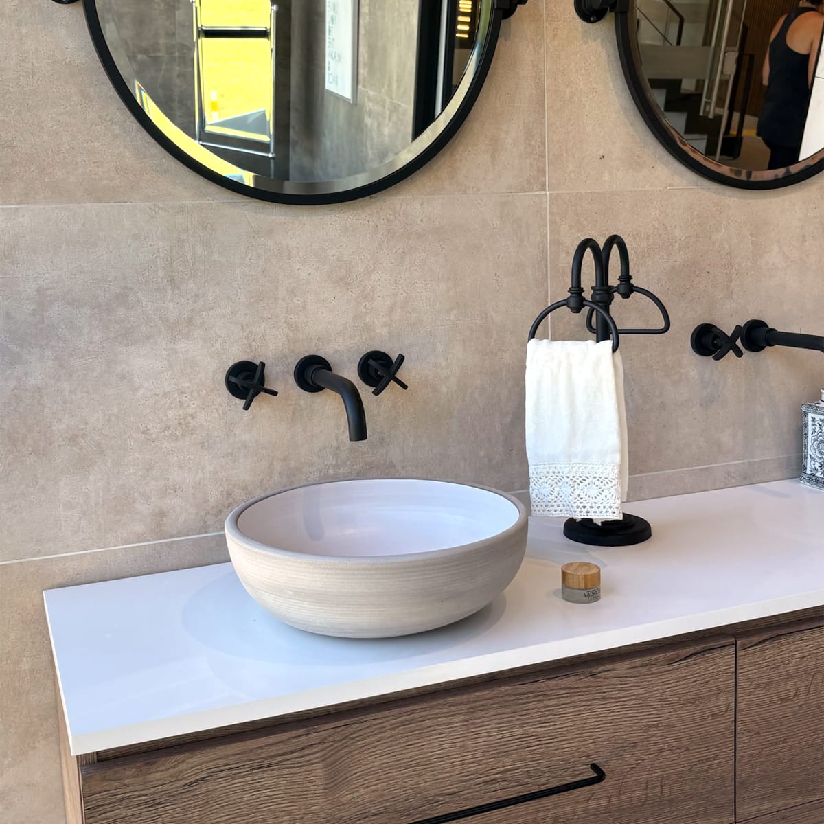 Tierra Round Vessel Ceramic Concrete Sink - Smooth White Ceramic Interior with Textured Light Grey Exterior