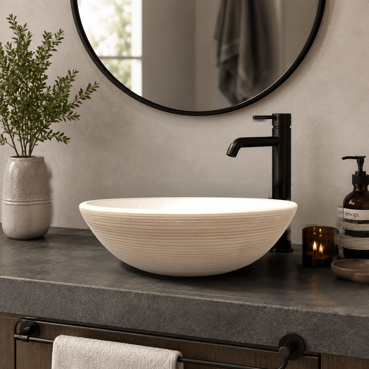 Tierra Round Vessel Ceramic Concrete Sink - Smooth White Ceramic Interior with Textured Sand Exterior