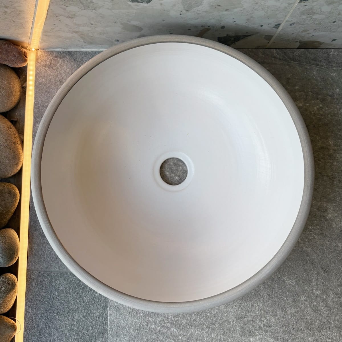 Tierra Round Vessel Ceramic Concrete Sink - White Ceramic Interior with Light Grey Exterior