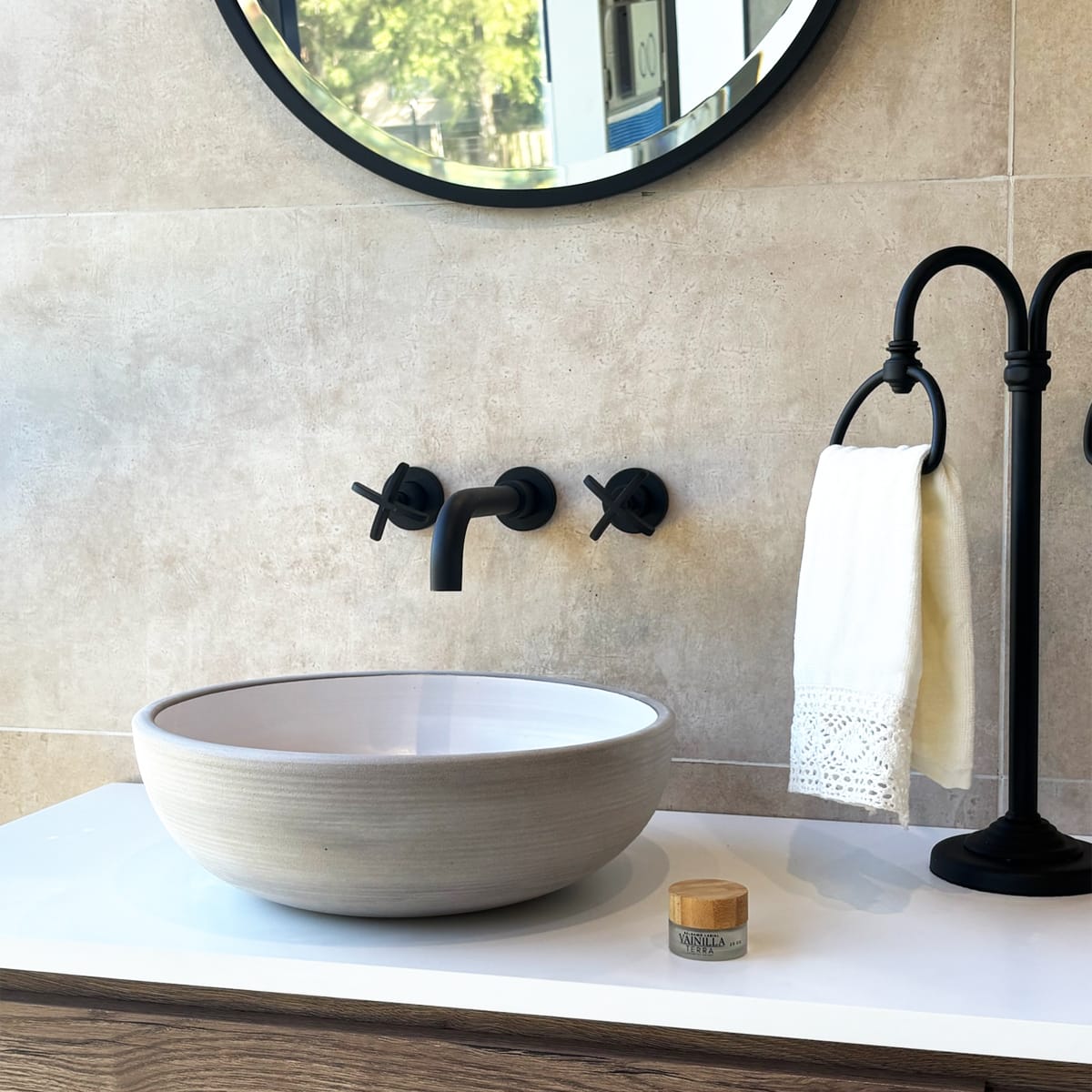 Tierra Round Vessel Ceramic Concrete Sink - White Ceramic Interior with Light Grey Exterior