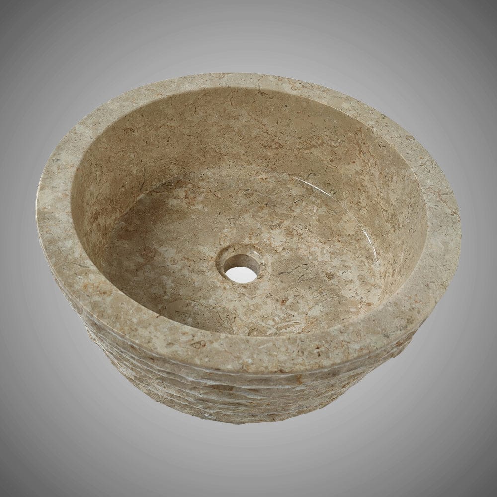 Vanester Marble Vessel Sink with Chiseled Exterior - Polished Cream Interior