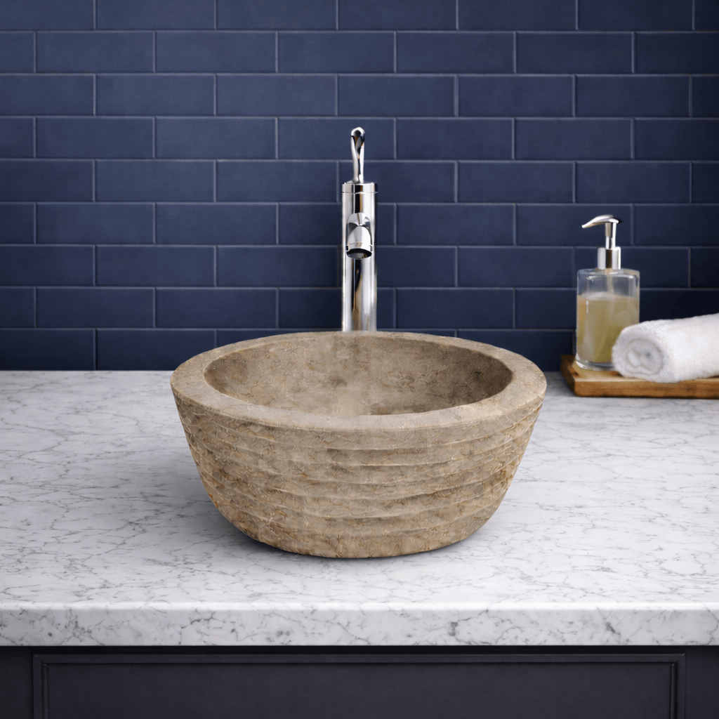 Vanester Marble Vessel Sink with Chiseled Exterior - Polished Cream Interior