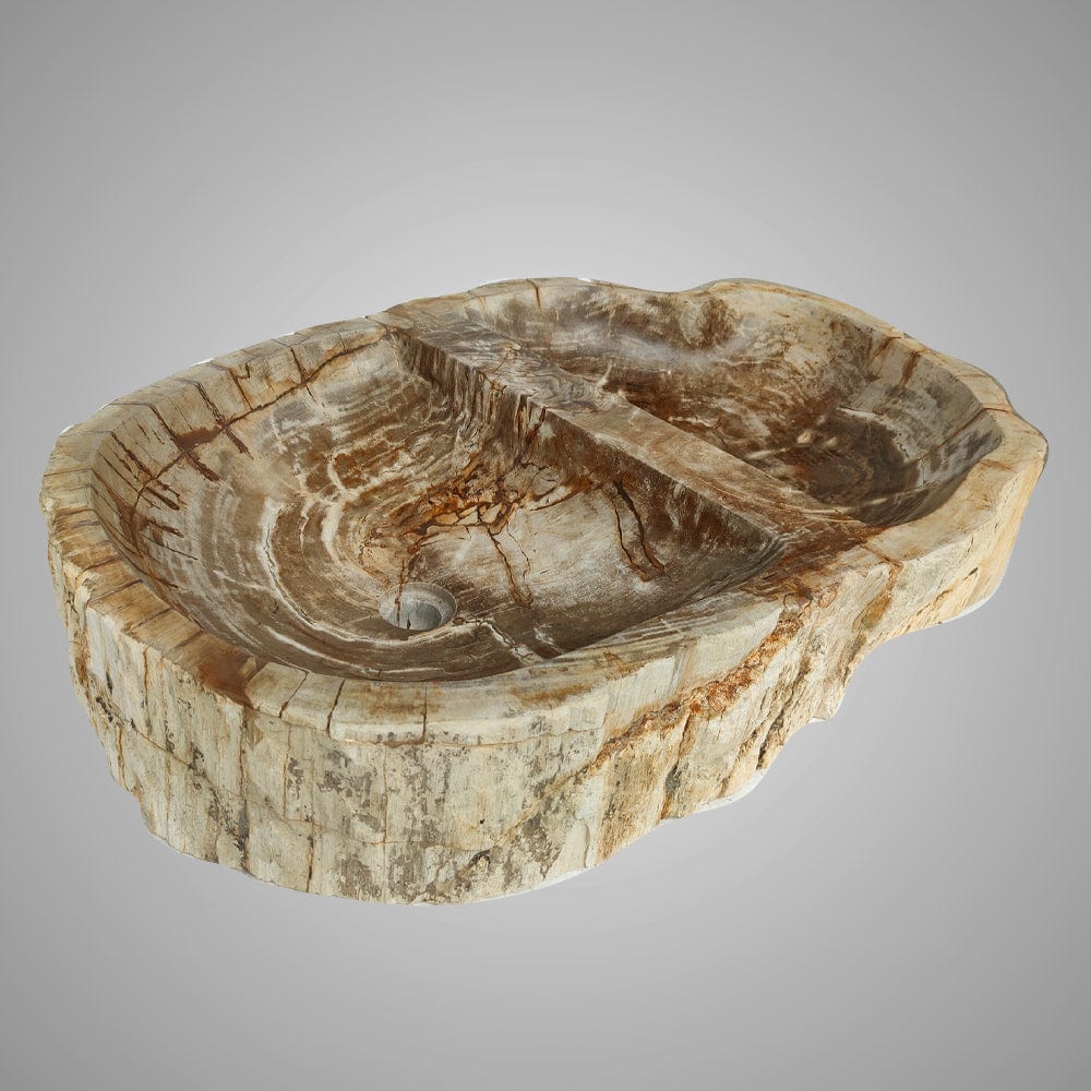 Zarnesta Petrified Wood Double-Bowl Vessel Sink - Polished Brown Interior