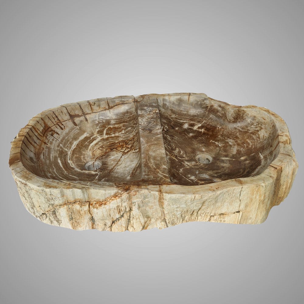 Zarnesta Petrified Wood Double-Bowl Vessel Sink - Polished Brown Interior