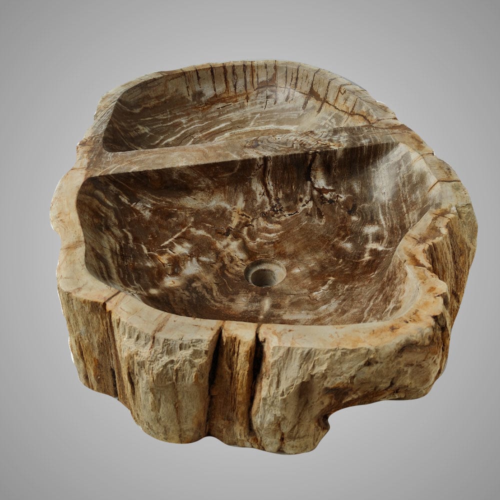Zarnesta Petrified Wood Double-Bowl Vessel Sink - Polished Brown Interior