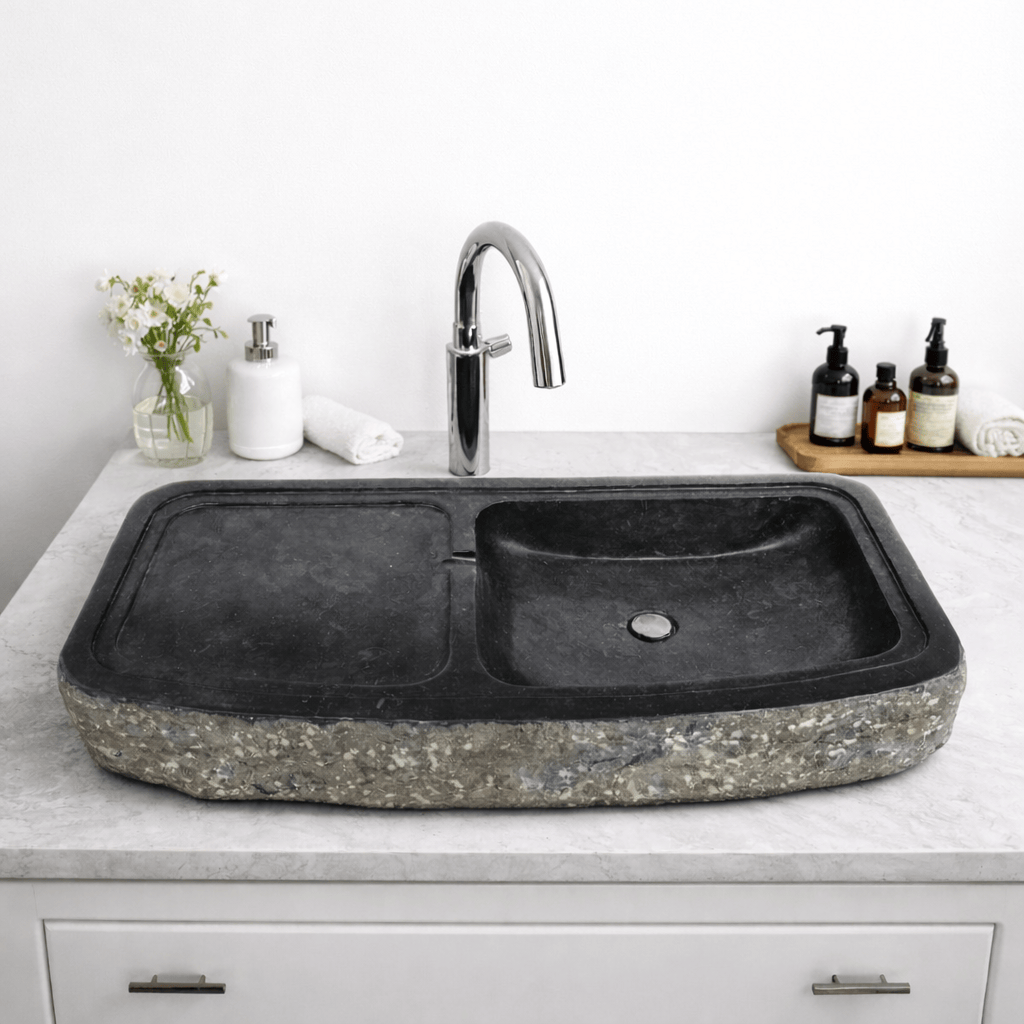 Zelsa Marble Double-Bowl Vessel Sink with Chiseled Exterior - Black