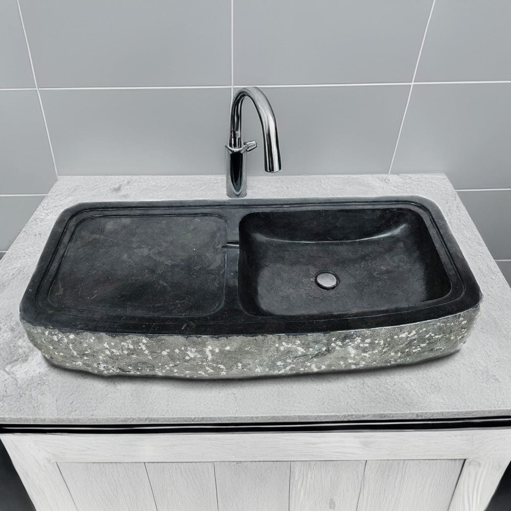 Zelsa Marble Double-Bowl Vessel Sink with Chiseled Exterior - Black
