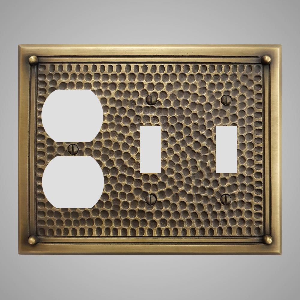 2 Toggle, 1 Duplex Wall Switch Plate - Framed Hammered Design